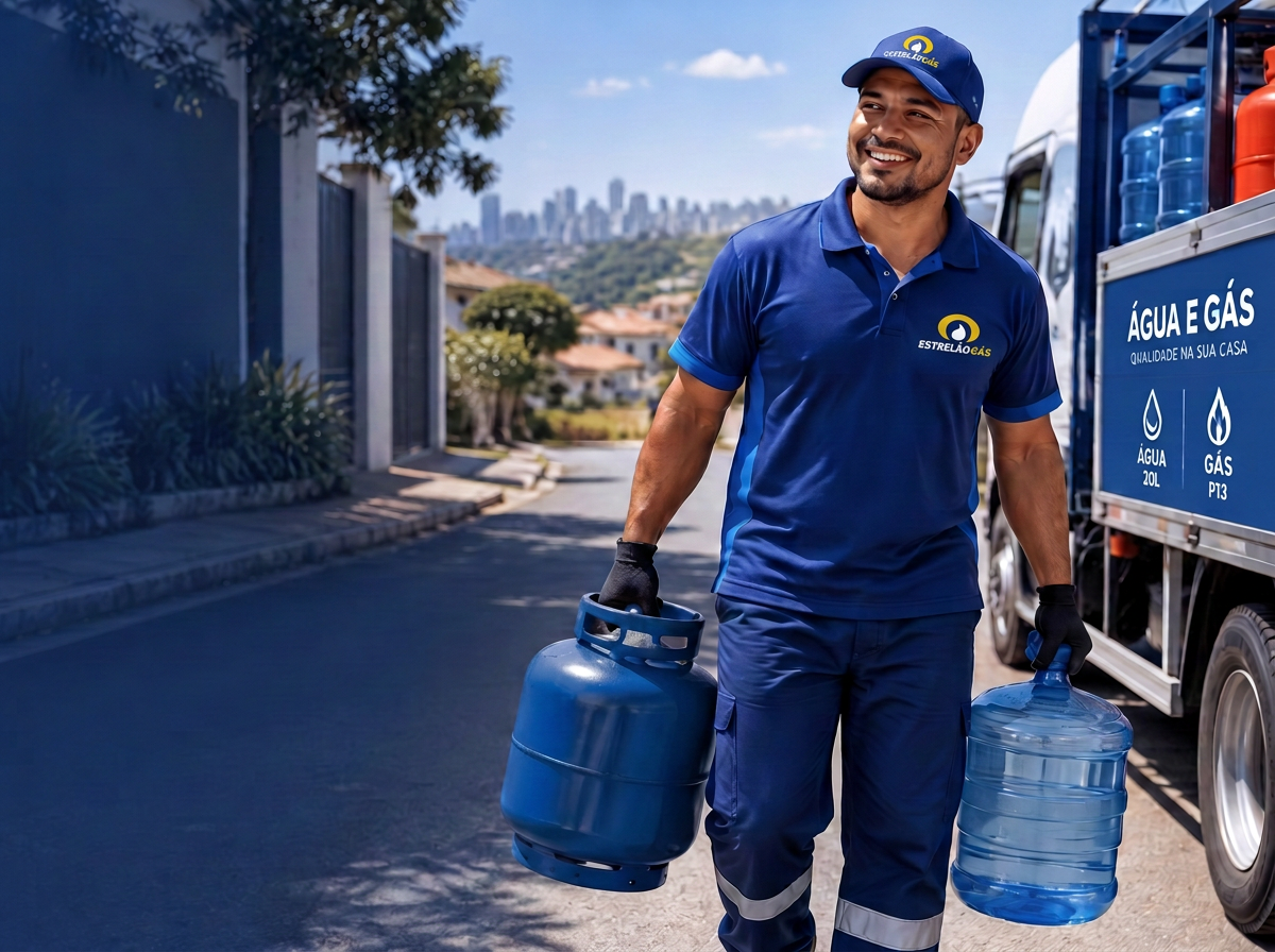Entregador da Estrelão Gás com uniforme da empresa entregando botijão de gás de cozinha e galão de água mineral de 20 litros em Sinop - MT
